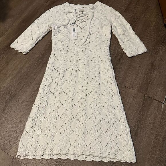 La Vie Rebecca Taylor Cream Crochet Dress Wool Blend With Lace Up Neck New XS